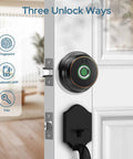 Top Tier Fingerprint Deadbolt Smart Lock With Bluetooth App Control And Steel Keys For Main Entrance close up showing fingerprint sensor and unlock options.