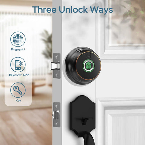 Top Tier Fingerprint Deadbolt Smart Lock With Bluetooth App Control And Steel Keys For Main Entrance close up showing fingerprint sensor and unlock options.