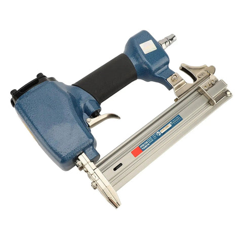 Heavy Duty Air Brad Nailer Pneumatic Nail Tool Built Tough With Durable Cast Aluminum for woodworking, side exhaust view.