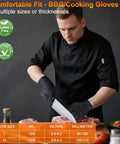 Chef using Dual Layer Heat Resistant BBQ Gloves With Nitrile And Cotton Liners 10 Mil Thick Non Slip Grip For Grilling Smoking And Handling Hot Meat Large Black Set.