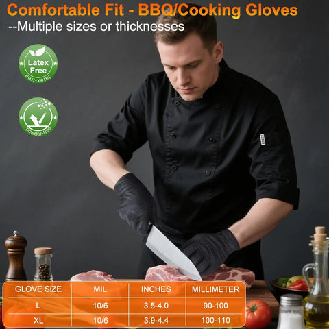 Chef using Dual Layer Heat Resistant BBQ Gloves With Nitrile And Cotton Liners 10 Mil Thick Non Slip Grip For Grilling Smoking And Handling Hot Meat Large Black Set.