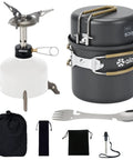 9 Piece Camping Cookware Set With Nonstick Pans And 3200W Stove Igniter Magnetic Gas Canister Stand 5 In 1 Spork Lightweight Gear