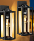 Hella Bright 16-Inch Outdoor Wall Lanterns, Rugged 2-Pack Exterior House Lights Featuring Thick Clear Glass Shades mounted on a wall.