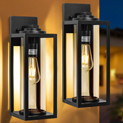 Hella Bright 16-Inch Outdoor Wall Lanterns, Rugged 2-Pack Exterior House Lights Featuring Thick Clear Glass Shades mounted on a wall.