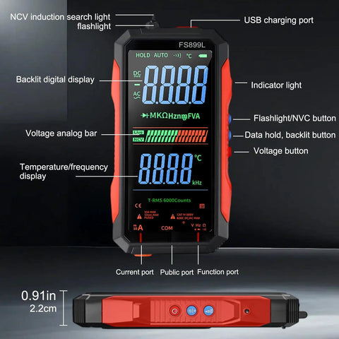 Pro Grade Digital Multimeter With Color Backlit Display And USB C Rechargeable Battery 6000 Counts True RMS