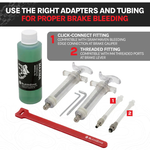 SRAM Maven Pro Grade Hydraulic Brake Bleed Kit with syringes, mineral oil, hose, and adapters for MTB brakes on white background.