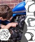 Mechanic working on bike engine with Gasket Set Kit For Predator 212cc 224cc Small Engine Rebuild, gasket pieces shown