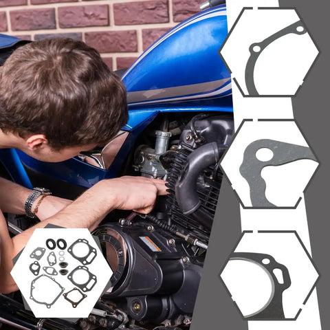 Mechanic working on bike engine with Gasket Set Kit For Predator 212cc 224cc Small Engine Rebuild, gasket pieces shown
