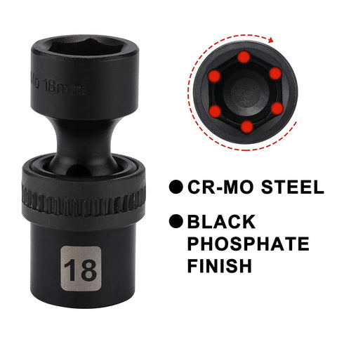 Fifteen Piece One Half Inch Drive Universal Impact Socket Set Metric Ten To Twenty Four Millimeter With Swivel Head For Tight Spots Beefy Heavy Duty Chrome Molybdenum Steel Black Phosphate Finish
