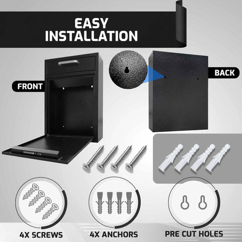 Easy installation of locking mailbox wall mount outdoor steel with keys large weatherproof drop box, screws and anchors included.
