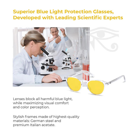 Clyde Frame Daylight Lenses Blue Light Glasses with scientists in lab, German steel and Italian acetate, reducing eye strain