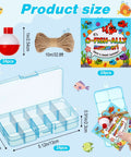 Product size details of Awesome Fishing Theme End Of Year Gift Set For Students From Teacher with tackle boxes, bobbers, cards.