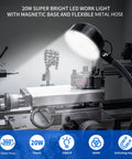 Magnetic 2000 Lumen LED Work Light With Flexible Base illuminating a lathe, showcasing the adjustable shaft and magnetic mount.