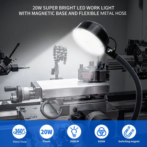Magnetic 2000 Lumen LED Work Light With Flexible Base illuminating a lathe, showcasing the adjustable shaft and magnetic mount.