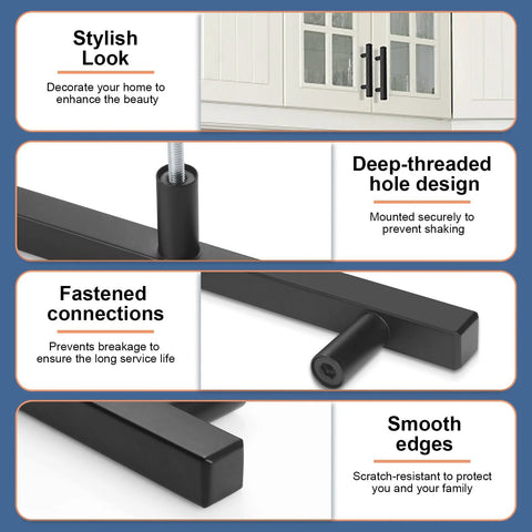 Matte Black Square Cabinet Handles Set Of 30 5 Inch Length Drawer Pulls showing features like deep-threaded design and smooth edges.