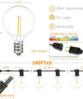 Diagram of Outdoor String Lights 200 Ft Two Pack 100 Ft Each With 104 Shatterproof LED Bulbs Warm White 2700K showing bulb dimensions and connections.