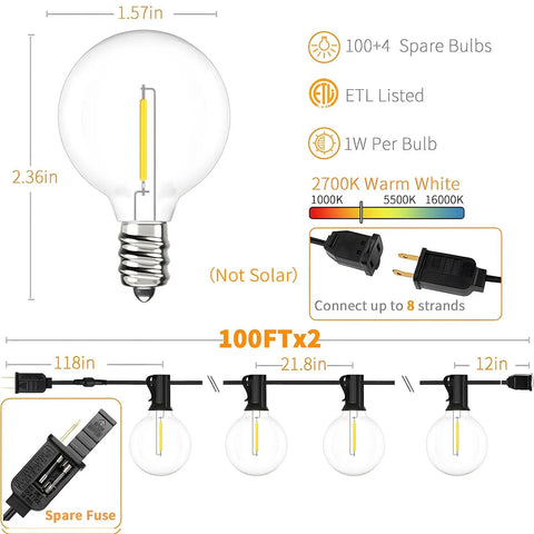 Diagram of Outdoor String Lights 200 Ft Two Pack 100 Ft Each With 104 Shatterproof LED Bulbs Warm White 2700K showing bulb dimensions and connections.