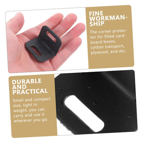 One Hundred Piece Heavy Duty Plastic Corner Protectors L Shaped Edge Guards, small black corner protector in hand for cardboard boxes.