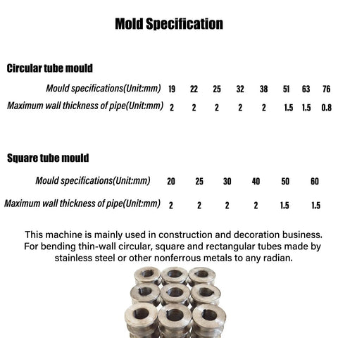 Mold specifications for WYDDDARY 220V 3HP Electric Pipe Bender Machine showing circular and square tube dimensions.