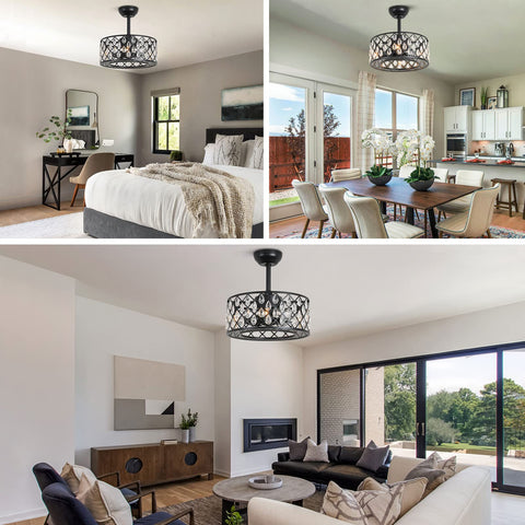 Bladeless Ceiling Fan With Crystal Cage Lights in bedroom and living spaces, 17.7 inch black, modern industrial design