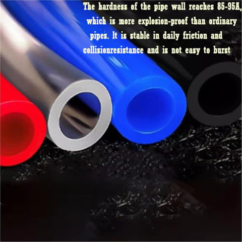 Heavy Duty Flexible Compressor Air Hose, Built Tough Pneumatic Tubing, 328 Foot Polyurethane Line in red, blue, black, and gray colors.