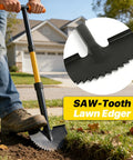 Person using Edger Lawn Tool With 41 Inch T Handle For Sidewalk Edging And Yard Trimming, Metal Saw Tooth Garden Edger For Grass