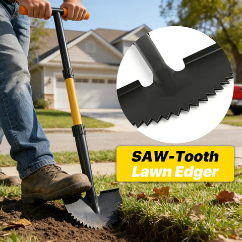 Person using Edger Lawn Tool With 41 Inch T Handle For Sidewalk Edging And Yard Trimming, Metal Saw Tooth Garden Edger For Grass