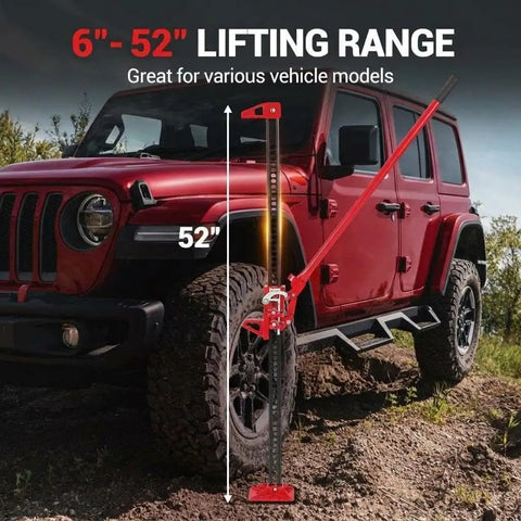 60 Inch Farm Jack With 7000 Lb Capacity Ratcheting High Lift Utility Jack lifting red SUV off-road