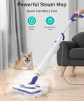 Kick Grime Steam Mop Heavy Duty Floor Steamer Fast 25 Second Heat Up With Detergent Chamber And Two Reusable Microfiber Pads For Smooth Tile Carpet Hardwood Floors in use on wood floor with steam and dog nearby.