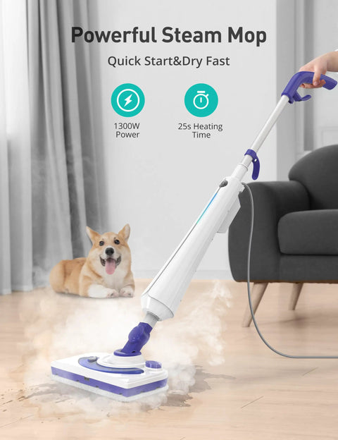 Kick Grime Steam Mop Heavy Duty Floor Steamer Fast 25 Second Heat Up With Detergent Chamber And Two Reusable Microfiber Pads For Smooth Tile Carpet Hardwood Floors in use on wood floor with steam and dog nearby.