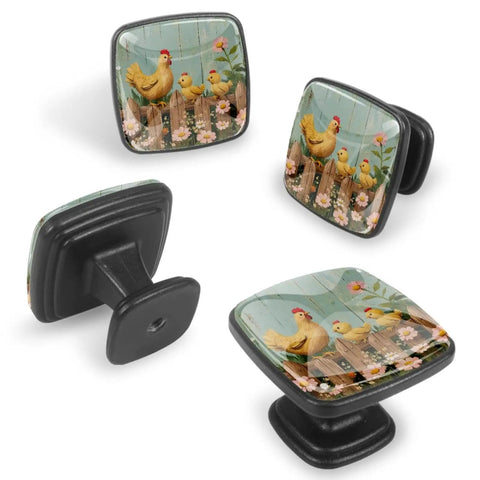 Four Pack Square Drawer Knobs With Spring Flower Chickens Fence Design In Black For Cabinets Cupboards Closets And Bathrooms