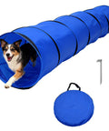 Dog running through blue Foldable 10 Foot Dog Agility Tunnel With Carry Bag And Ground Spikes, Portable Training Gear for park days.