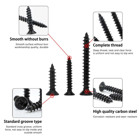 Wood Screws Assortment Kit 175 Pieces With Phillips Flat Head Self Tapping Screws In Black Zinc Plated Carbon Steel For Metal And Wood