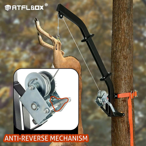 Beefy Tree Mounted Game Hoist With Winch And Ratchet Strap 500 Lbs Capacity Heavy Duty Deer Hanging System 26 Ft Steel Cable For Skinning And Field Dressing Quick Field Setup For Hunters, tree-mounted with deer and anti-reverse winch