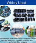 130 Pcs Rubber Hole Plugs Set In 11 Sizes Silicone Round Plugs For Sealing Holes In Industrial Automotive And Furniture Applications Includes Sizes From 1.5 Inch To 0.2 Inch Temperature Resistant From Minus Sixty To Two Hundred Celsius showing assorted plugs in box with diverse applications in engineering, automotive, home cleaning, and lab settings