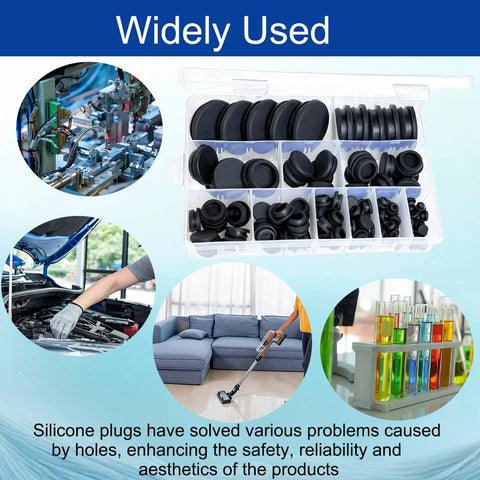 130 Pcs Rubber Hole Plugs Set In 11 Sizes Silicone Round Plugs For Sealing Holes In Industrial Automotive And Furniture Applications Includes Sizes From 1.5 Inch To 0.2 Inch Temperature Resistant From Minus Sixty To Two Hundred Celsius showing assorted plugs in box with diverse applications in engineering, automotive, home cleaning, and lab settings