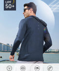 Man wears Mens Sun Protection Hoodie Shirt With UPF 50 Plus Long Sleeve Rash Guard For Fishing Swimming And Running Lightweight