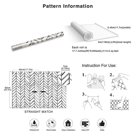 Black and white peel and stick wallpaper stripe herringbone geometric textured self adhesive contact paper removable for bathroom 17.7in x 9.8ft with installation instructions and dimensions.