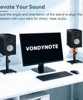 Desktop Speaker Stands Pair For Studio Monitors With 12 Degree Tilt Rock Solid Height Adjustable From 11 To 16 Inches, shown holding monitors