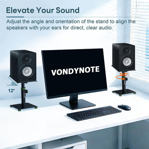 Desktop Speaker Stands Pair For Studio Monitors With 12 Degree Tilt Rock Solid Height Adjustable From 11 To 16 Inches, shown holding monitors