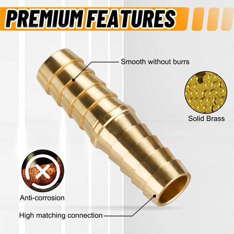 Image of Brass Hose Barb Fittings Kit With 26Pcs Barb Splicer Mender Fittings And 52Pcs Stainless Steel Hose Clamps featuring smooth solid brass features with high matching connection and anti-corrosion properties.