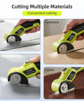 Heavy Duty Cordless Electric Cutter With 4V Rechargeable Battery And Two Sharpened Rotary Blades cutting carpet, cardboard, PVC, and leather.