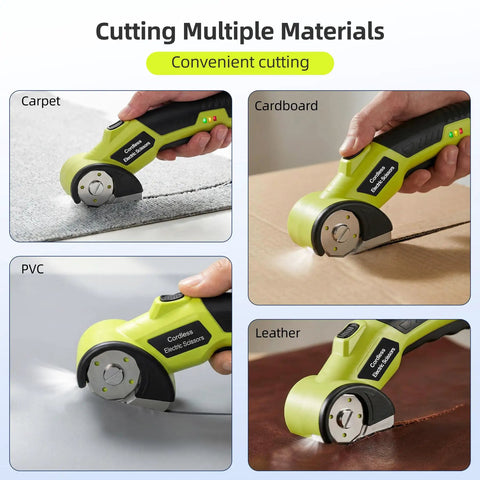 Heavy Duty Cordless Electric Cutter With 4V Rechargeable Battery And Two Sharpened Rotary Blades cutting carpet, cardboard, PVC, and leather.