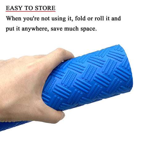 Hand holding rolled Blue 36 Inch By 9 Inch Non Slip Pool Ladder Pad Mat With Protective Cushion Between Ladder Base And Pool Liner