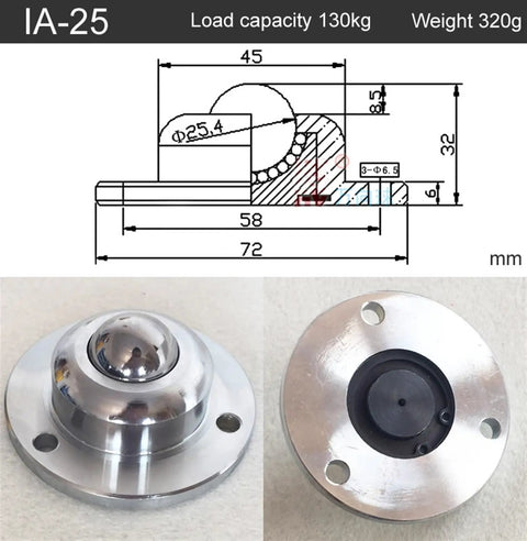 Heavy Duty Universal Caster Wheels With Precision Nylon Ball Bearings Round Flange Three Hole Mount detailed image showing dimensions.