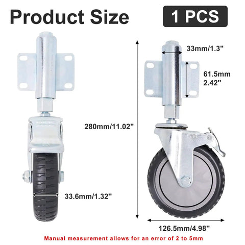Beefy Spring Loaded Gate Support Wheel For Wooden And Metal Gates, Heavy Duty Gate Roller, shown with measurements.