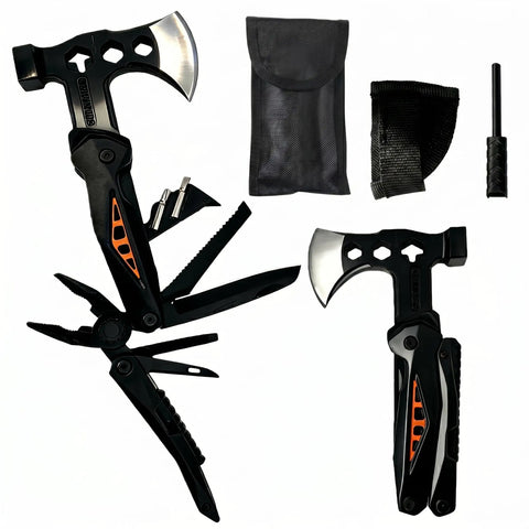 All In One Camping Hatchet With Hammer And Knife And Protective Sheath For Survival Gear For Men Dad Emergency Car Tool And Hiking Accessories A Real Workhorse Outdoor Gadget For Hiking And Adventure, featuring multiple tools extended, protective sheath, and fire starter.