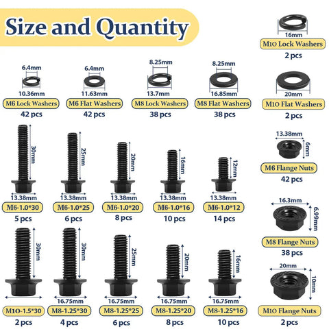 Industrial Strength M6 M8 M10 Flange Bolt And Serrated Nut Assortment Kit 288 Piece Hardware Set showing various sizes and quantities.