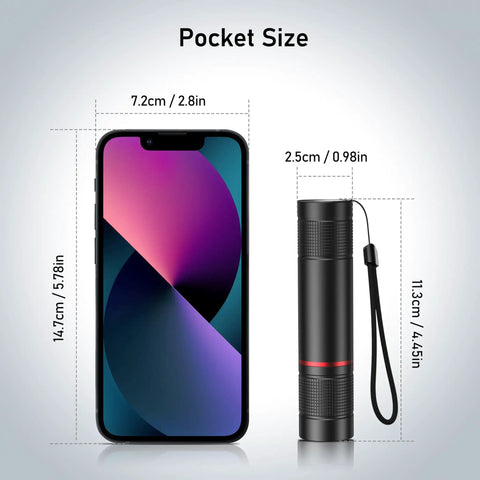 Rechargeable LED Flashlight 2 Pack With Zoomable Beam Go-To Four Lighting Modes High Low Strobe SOS USB Rechargeable Long-Lasting Battery Life next to smartphone for size comparison