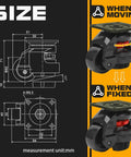 Diagram and side view of Beefy Heavy Duty Leveling Casters Set Of 4 With 110 Lb Per Wheel Capacity showing dimensions and wheel states.